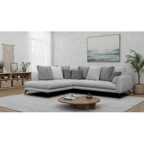 Canapé D'angle 5 Places Calme, Tissu Gris Clair Et Gris Foncé