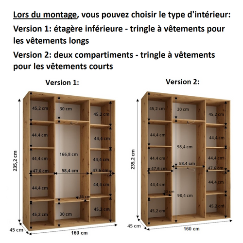 Armoire Lanko 1 à Portes Coulissantes 235,2/160/45 3 Portes (blanc/artisan)