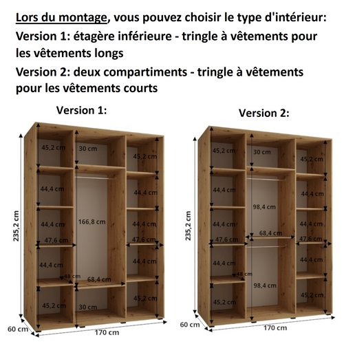 Armoire Lanko 2 à Portes Coulissantes 235,2/170/60 3 Portes (blanc/noir)