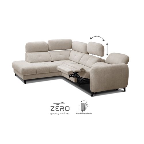 Sven Canapé D’angle 4 Places, 1 Relax, Appuie-tête Réglables, Crème