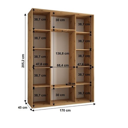 Armoire Sapporo 2 à Portes Coulissantes 205,2/170/45 3 Portes (artisan/blanc)