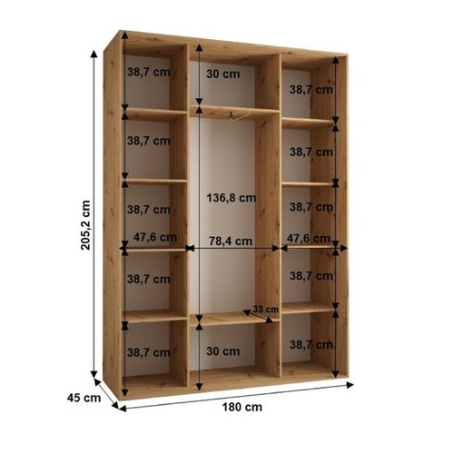 Armoire Sapporo 2 à Portes Coulissantes 205,2/180/45 3 Portes (artisan/blanc)