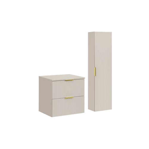 Ensemble Adel Cachemire Meuble Suspendu Sous Vasque Avec Plan 60 Cm Et Colonne 35 X 140 Cm