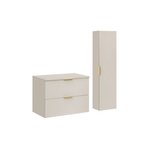 Ensemble Adel Cachemire Meuble Suspendu Sous Vasque Avec Plan 80 Cm Et Colonne 35 X 140 Cm