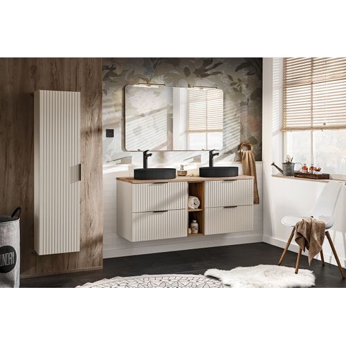 Ensemble Adel Cachemire Meuble Suspendu Sous Vasque Avec Plan Chêne 120 Cm Et Colonne 35 X 140 Cm