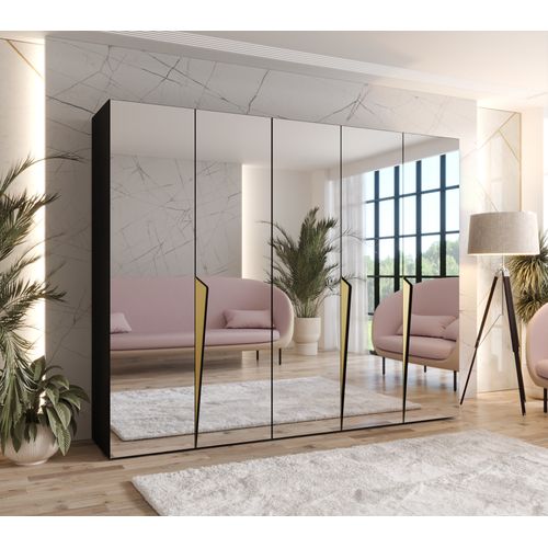 Armoire à Portes Battantes Piano 3 250 / 202 / 52 (noir + Poignées: Doré)
