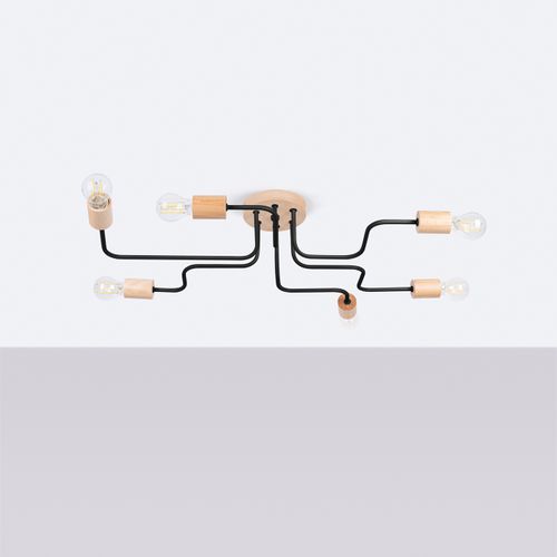 Lustre Acier Noir/bois Naturel E27 6 Timbo