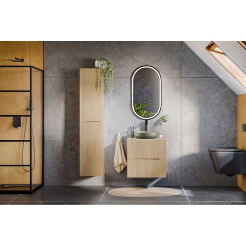 Ensemble Nordic Chêne Meuble Suspendu Sous Vasque Avec Plan 60 Cm Et Colonne 35 X 170 Cm