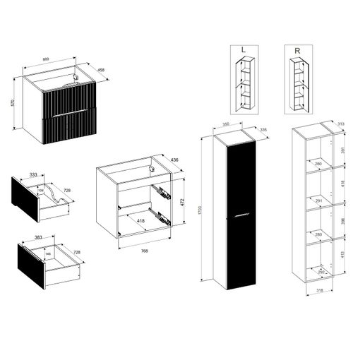 Ensemble Nordic Chêne Meuble Suspendu Sous Vasque Avec Plan 80 Cm Et Colonne 35 X 170 Cm