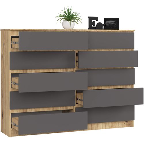 Grande Commode Pour Le Salon K160 Chêne Artisan 160 Cm 10 Tiroirs Façade Gris Graphite