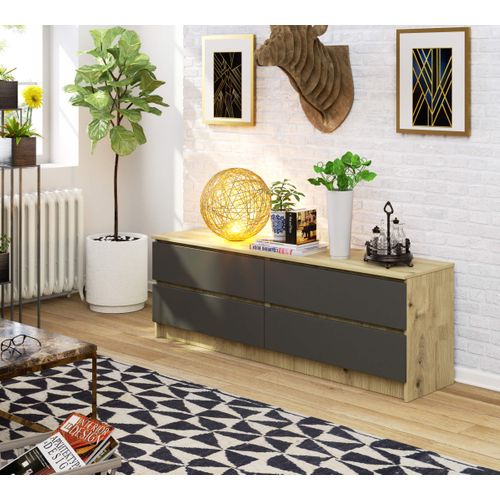 Grande Commode Pour Le Salon K160 Chêne Artisan 160 Cm 4 Tiroirs Façade Gris Graphite 160x40x55