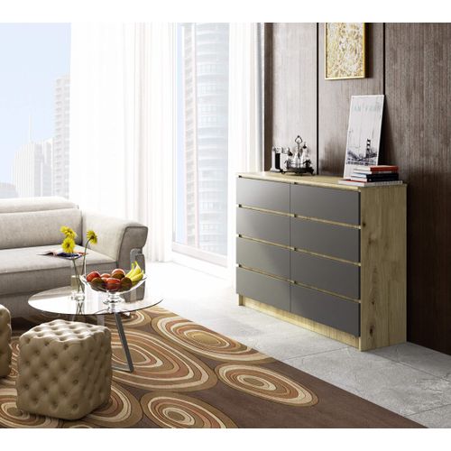Commode K140 Chêne Artisan 138 Cm 8 Tiroirs Façade Gris Graphite 138x40x99 Cm