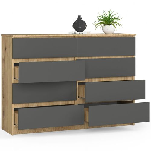 Commode K140 Chêne Artisan 138 Cm 8 Tiroirs Façade Gris Graphite 138x40x99 Cm