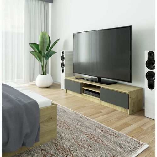 Meuble TV Pour Salon Chêne Artisan 160 Cm 2 Portes Façade Gris Graphite 2 Étagères 160x40x33