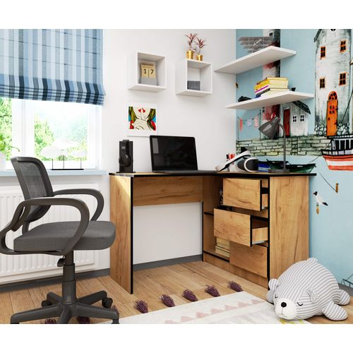 Bureau D'angle Droit B16 Chêne Craft 124 Cm 3 Tiroirs Façade Chêne Craft 2 Étagères 124x85x77