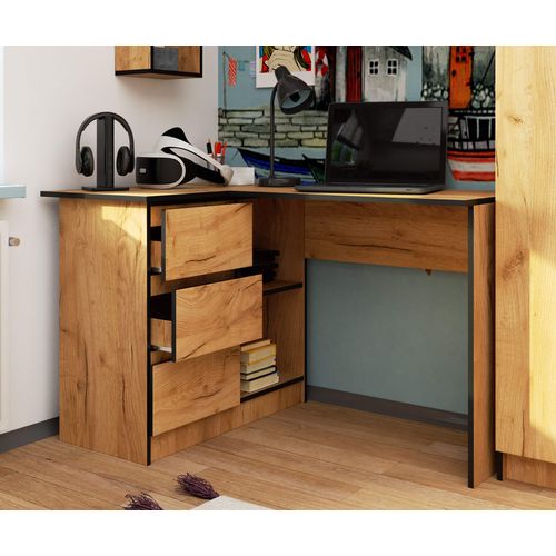 Bureau Akord D'angle Gauche B16 Chêne Craft 124 Cm 3 Tiroirs Façade Chêne Craft