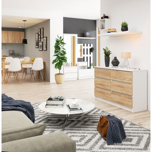 Commode Akord K120 Blanche 120 Cm 6 Tiroirs Façade Chêne Sonoma 120x40x77 Cm