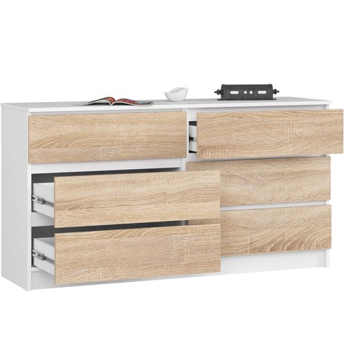 Commode K140 Blanche 138 Cm 6 Tiroirs Façade Chêne Sonoma 138x40x77 Cm
