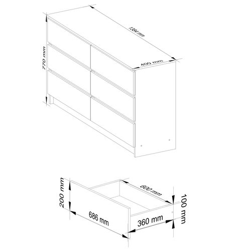 Commode K140 Blanche 138 Cm 6 Tiroirs Façade Chêne Sonoma 138x40x77 Cm