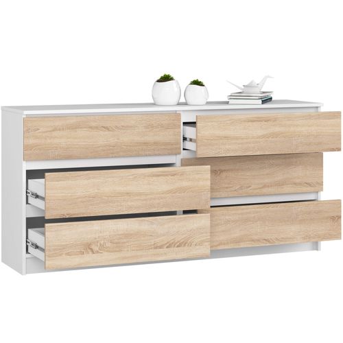 Grande Commode Pour Le Salon K160 Blanche 160 Cm 6 Tiroirs Façade Chêne Sonoma 160x40x77 Cm