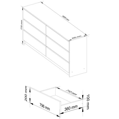 Grande Commode Pour Le Salon K160 Blanche 160 Cm 6 Tiroirs Façade Chêne Sonoma 160x40x77 Cm