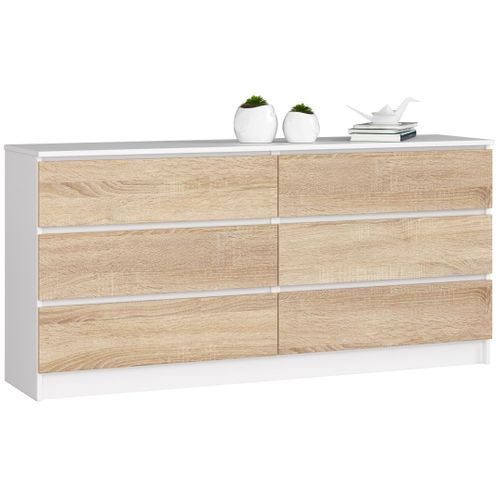 Grande Commode Pour Le Salon K160 Blanche 160 Cm 6 Tiroirs Façade Chêne Sonoma 160x40x77 Cm