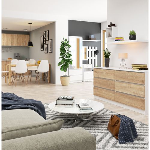 Grande Commode Pour Le Salon K160 Blanche 160 Cm 6 Tiroirs Façade Chêne Sonoma 160x40x77 Cm