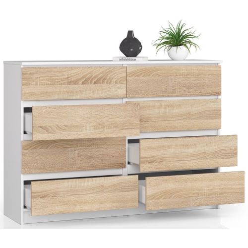Commode K140 Blanche 138 Cm 8 Tiroirs Façade Chêne Sonoma 138x40x99 Cm