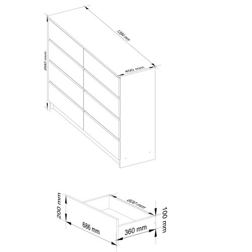 Commode K140 Blanche 138 Cm 8 Tiroirs Façade Chêne Sonoma 138x40x99 Cm