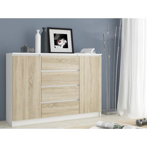 Grande Commode Pour Le Salon K160 Blanche 160 Cm 2 Portes 4 Tiroirs Façade Sonoma 4 Étagères