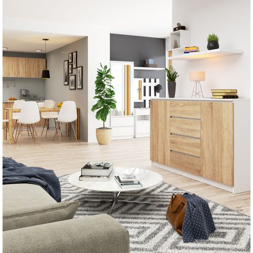 Grande Commode Pour Le Salon K160 Blanche 160 Cm 2 Portes 4 Tiroirs Façade Sonoma 4 Étagères