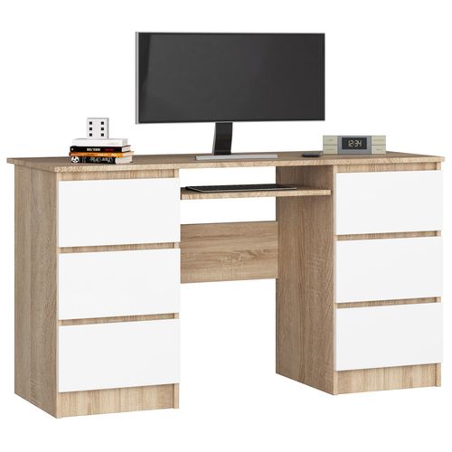 Bureau D'ordinateur A11 Chêne Sonoma 135 Cm 6 Tiroirs Façade Blanche 135x50x77 Cm