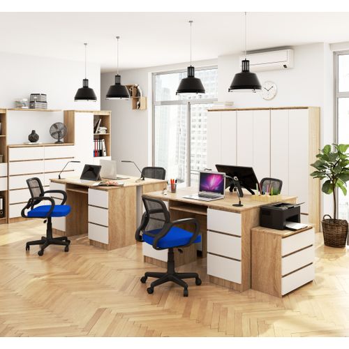 Bureau D'ordinateur A11 Chêne Sonoma 135 Cm 6 Tiroirs Façade Blanche 135x50x77 Cm