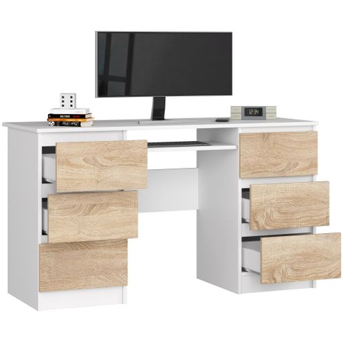 Bureau D'ordinateur A11 Blanc 135 Cm 6 Tiroirs Façade Chêne Sonoma 135x50x77 Cm