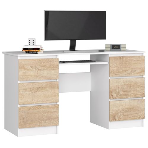 Bureau D'ordinateur A11 Blanc 135 Cm 6 Tiroirs Façade Chêne Sonoma 135x50x77 Cm