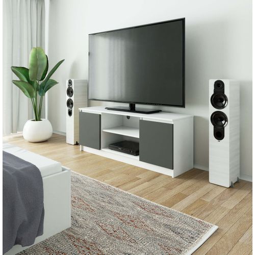 Meuble TV Pour Salon Blanc 140 Cm 2 Portes Façade Gris Graphite 2 Étagères 140x40x55 Cm