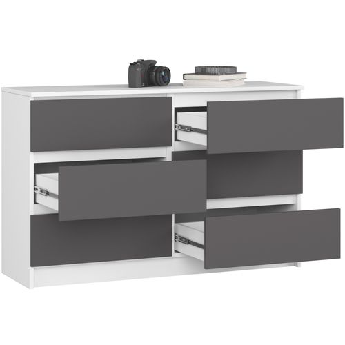 Commode Akord K120 Blanche 120 Cm 6 Tiroirs Façade Gris Graphite 120x40x77 Cm