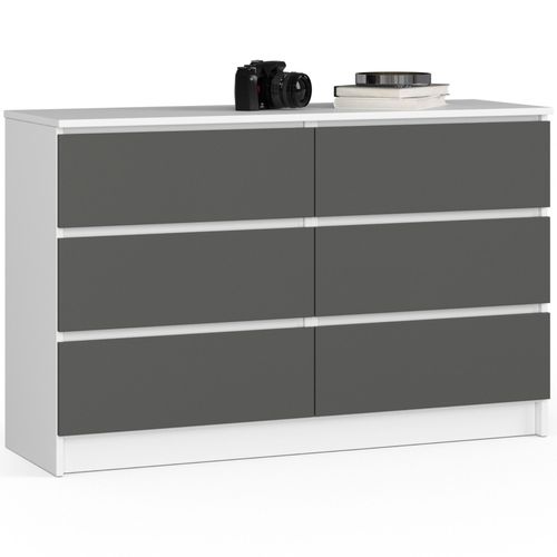 Commode Akord K120 Blanche 120 Cm 6 Tiroirs Façade Gris Graphite 120x40x77 Cm