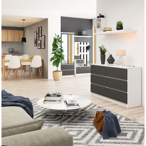 Commode Akord K120 Blanche 120 Cm 6 Tiroirs Façade Gris Graphite 120x40x77 Cm