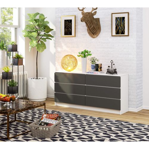 Grande Commode Pour Le Salon K160 Blanche 160 Cm 6 Tiroirs Façade Gris Graphite 160x40x77 Cm