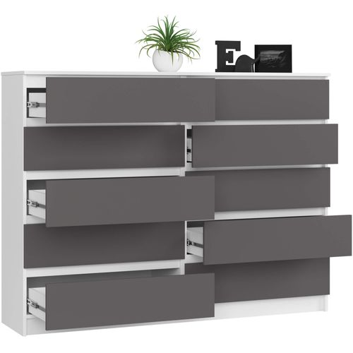Grande Commode Pour Le Salon Akord K160 Blanche 160 Cm 10 Tiroirs Façade Gris Graphite 160x40x121 Cm