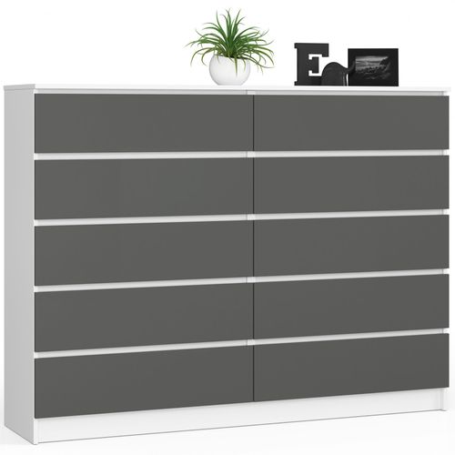 Grande Commode Pour Le Salon Akord K160 Blanche 160 Cm 10 Tiroirs Façade Gris Graphite 160x40x121 Cm