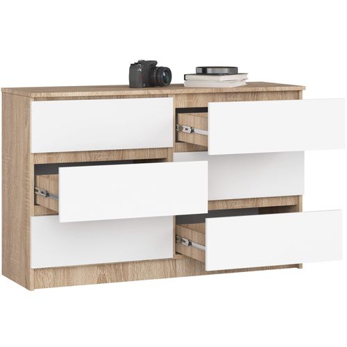 Commode K120 Chêne Sonoma 120 Cm 6 Tiroirs Façade Blanche 120x40x77 Cm