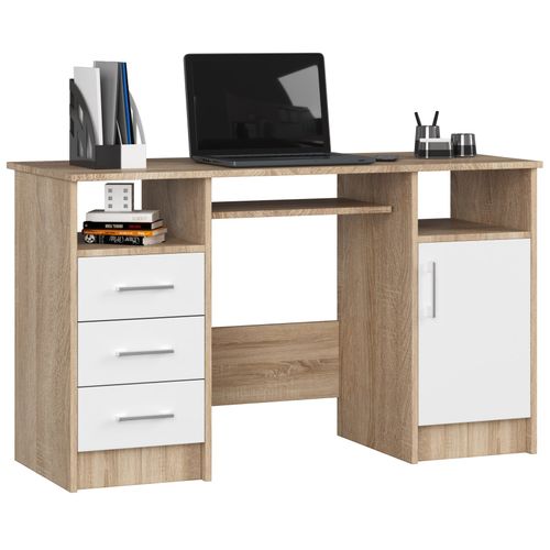 Bureau D'ordinateur Akord Ana Chêne Sonoma 124 Cm 1 Porte 3 Tiroirs Façade Blanche