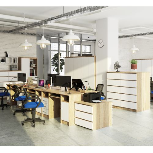 Bureau D'ordinateur Akord Ana Chêne Sonoma 124 Cm 1 Porte 3 Tiroirs Façade Blanche