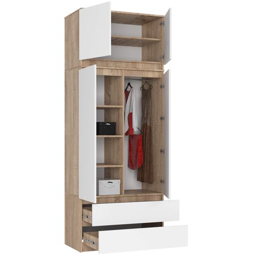 Armoire Avec Surmeuble Akord S90 Chêne Sonoma 90 Cm 2 Portes 2 Tiroirs Façade Blanche