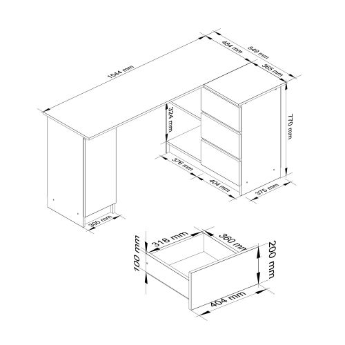 Grand Bureau D'angle Akord Droit B20 Blanc 155 Cm 1 Porte 3 Tiroirs Façade Gris Graphite