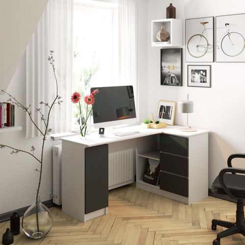 Grand Bureau D'angle Akord Droit B20 Blanc 155 Cm 1 Porte 3 Tiroirs Façade Gris Graphite