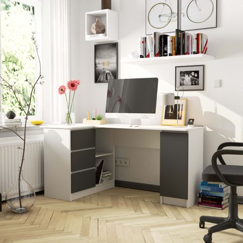 Bureau Akord D'angle Gauche B20 Blanc 155 Cm 1 Porte 3 Tiroirs Façade Gris Graphite