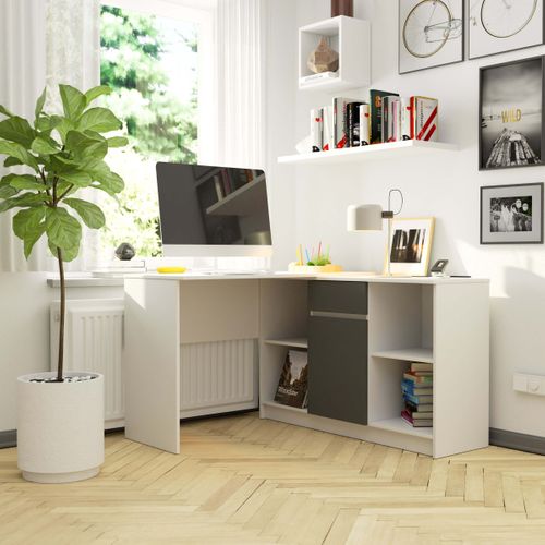 Ensemble D' Angle, Bureau B17 Avec Commode Blanc 120 Cm 1 Porte 1 Tiroir Façade Gris Graphite